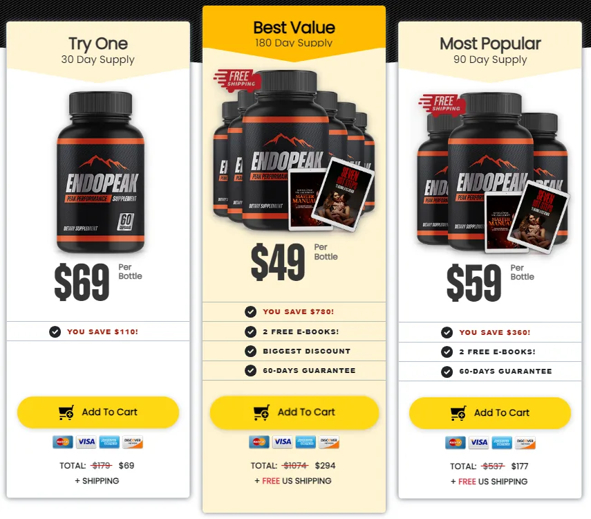 Endopeak packages 2 bottle 3 bottle and 6 bottle official price options